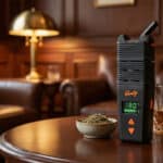 Waporyzator Storz & Bickel Venty na eleganckim drewnianym stole – profesjonalna recenzja i test wydajności urządzenia klasy premium.