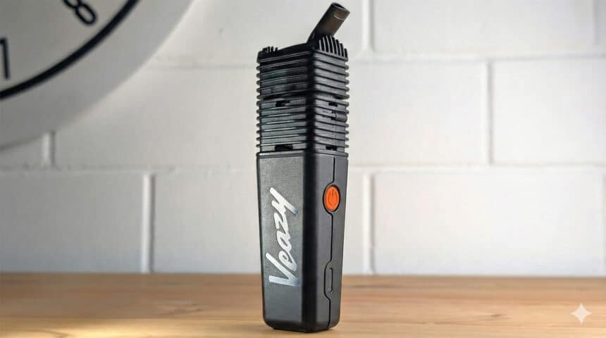 Czarny waporyzator przenośny Storz & Bickel Veazy stojący na drewnianym blacie na tle białej ceglanej ściany – zdjęcie wyróżniające do artykułu "Recenzja Veazy".