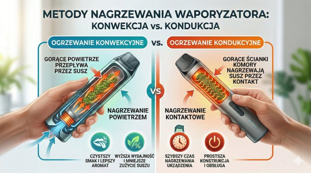 Infografika pokazująca różnice między ogrzewaniem konwekcyjnym a kondukcyjnym w waporyzatorze. Po lewej schemat konwekcji (nagrzewanie powietrzem), po prawej kondukcji (nagrzewanie stykowe przez ścianki komory).