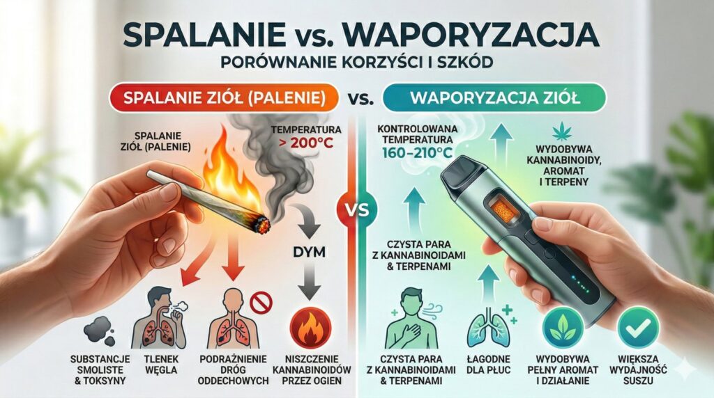 Porównanie efektów spalania i waporyzacji ziół. Schemat pokazuje, jak waporyzacja marihuany medycznej chroni płuca i wydobywa więcej kannabinoidów oraz terpenów niż tradycyjne palenie.